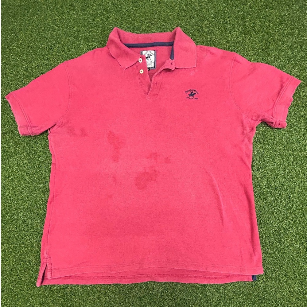 Beverly Hills Polo Club Mens Pink Short Sleeve Pique Polo Shirt Size XL Stained